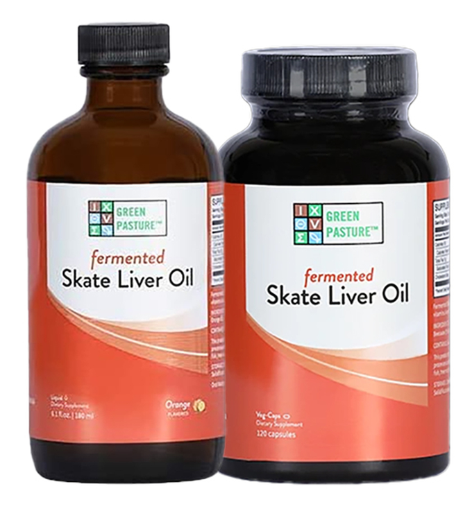 Green Pasture Fermented Skate Liver oil in liquid oil of 180ml or capsules containing 120 capsules from Nourishing Ecology 0404561880