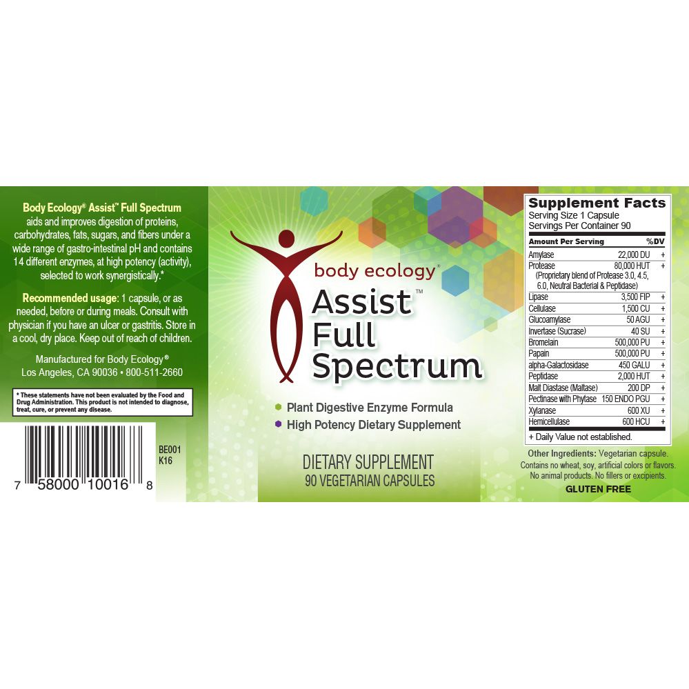 Assist Full Spectrum is a powerful, fast-acting, high potency enzyme formula. It is specially formulated to provide the widest range of useful digestive enzymes to help break down food, absorb nutrients and prevent gas and bloating. body ecology australia