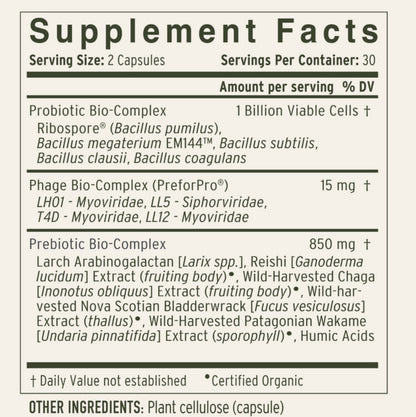 Terraflora Probiotic Advanced Care Broad Spectrum Synbiotic  Supplement facts that istipulate a serving size of 2 capsules and each container holds 30 servings. Available from Nourishing Ecolgy Australia