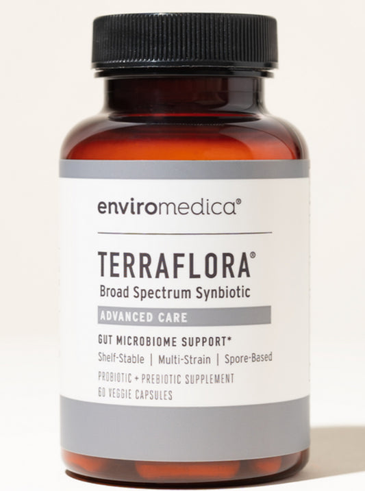Terraflora Probiotic Advanced Care Broad Spectrum Synbiotic Australia  Gut Microbiome support is Shelf stable and Multi Strain  and Spore Based  from Nourishing Ecology Australia 