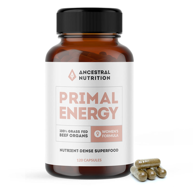 Ancestral Nutrition Primal Energy for women is freeze-dried Australian beef liver in a capsule, offering B12, Vitamin A, heme iron and folate to support energy needs from Nourishing Ecology Australia