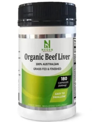 Beef Liver Organic from Nxgen WHolfoods Australia made with Grass fed and finished. Easy to swollow capsules 180 in each unit. Available from Nourishing Ecology Australia 