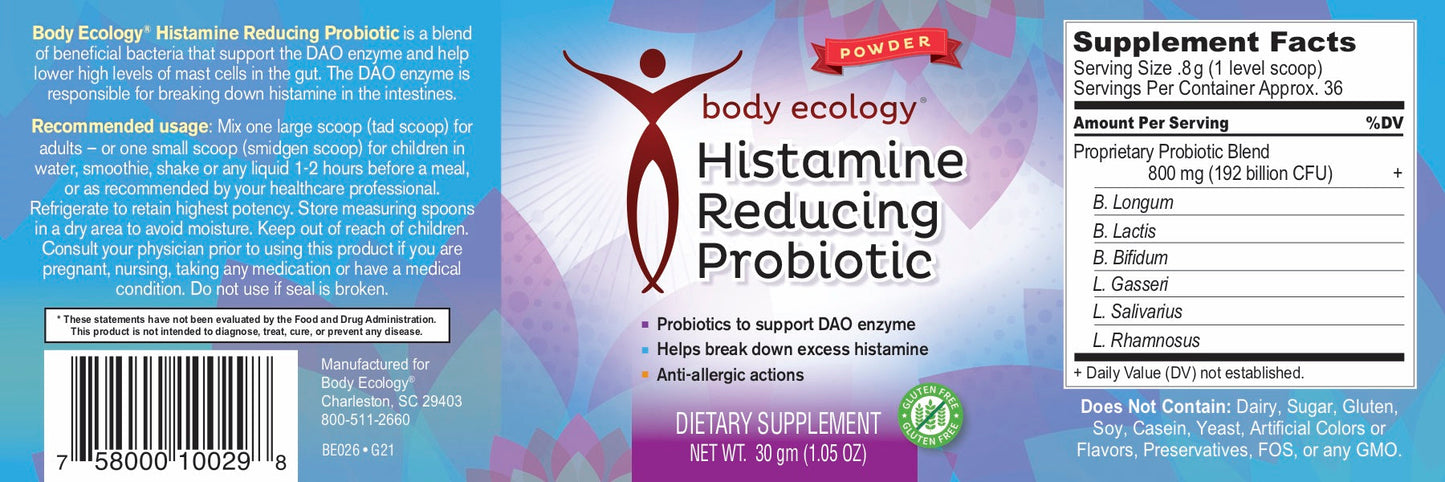 Body Ecology Histamine Reducing Probiotic Powder is a blend of beneficial bacteria that support the DAO enzyme and helps to lower high levels of mast cells in the gut. The DAO enzyme in our Histamine Reducing Probiotic Powder is responsible for breaking down histamine in the intestines.