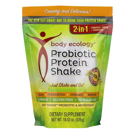 Body Ecology probiotic protein shake fermented protein and probiotics gluten free antioxidants best seller best tasting naturally sweetened gut friendly gut healing autoimmune autism adhd add