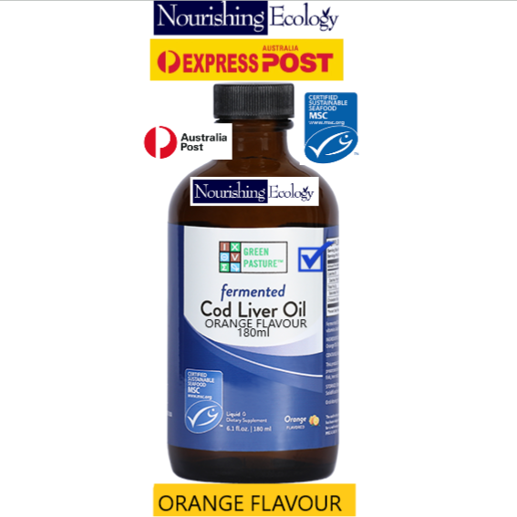 Green Pasture Fermented Cod liver oil Orange Flavoured 180ml with dispenser and available in Australia with Australia Post Express Post shipping.