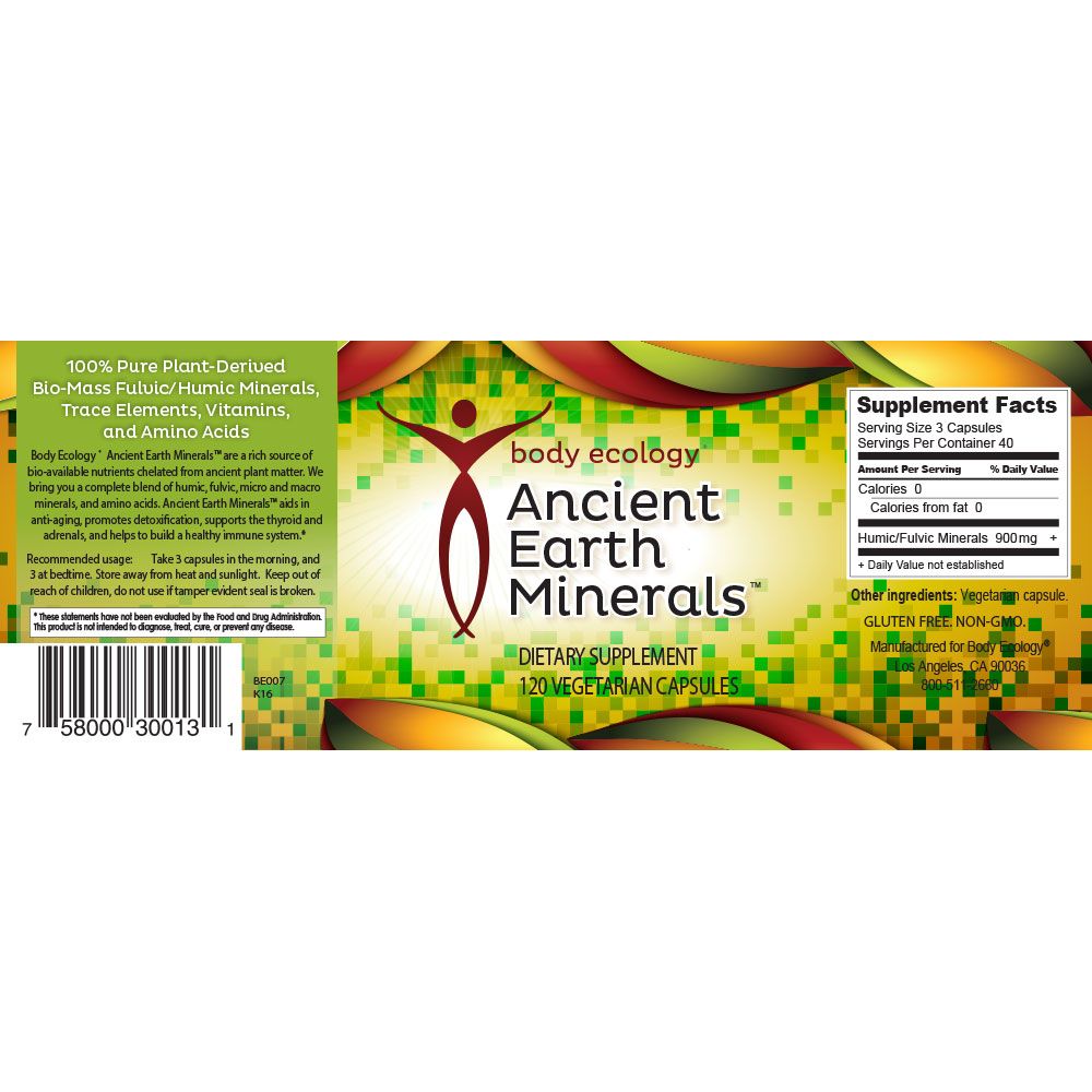 Body ecology ancient earth minerals organic capsules highest quality blend of humic, fulvic, micro and macro trace minerals and amino acids nourishing ecology energy
